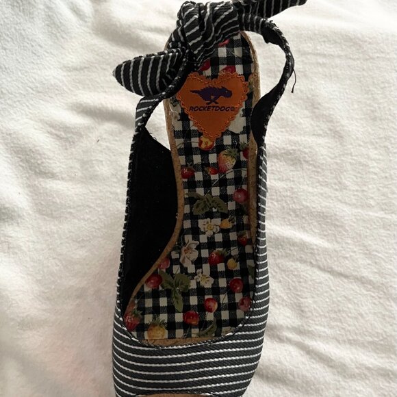 Rocketdog Black/White Stripe Black Denim Wedge Sandals - Picture 9 of 9